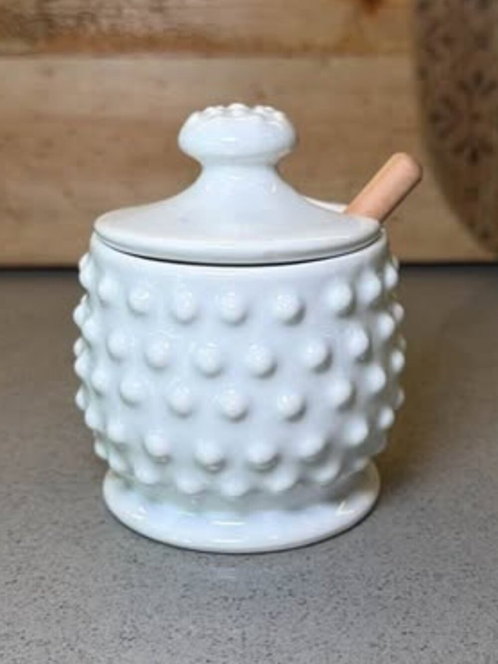 Rosanna Farmhouse Pantry collection. Glass Honey Pot with Lid and Dipper